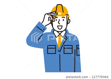 一位男工人穿著工作服，戴著安全帽打招呼的簡單插圖 127776468