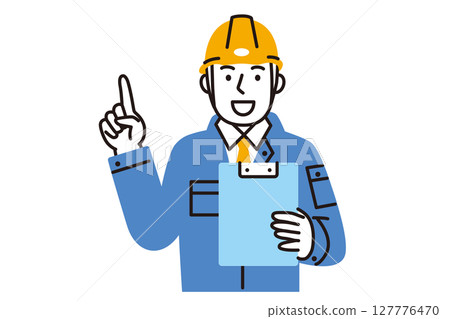 A simple illustration of a male worker wearing work clothes pointing A simple illustration of a male worker wearing work clothes pointing 127776470