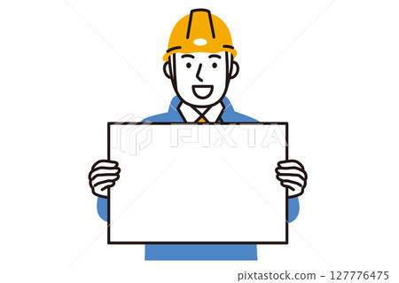 A simple illustration of a male worker wearing work clothes and holding a whiteboard A simple illustration of a male worker wearing work clothes and holding a whiteboard 127776475