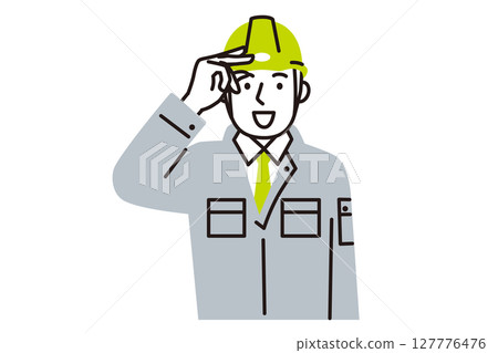 A simple illustration of a male worker wearing work clothes and a helmet greeting 127776476