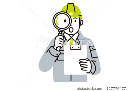 A simple illustration of a male worker wearing work clothes inspecting with a magnifying glass 127776477