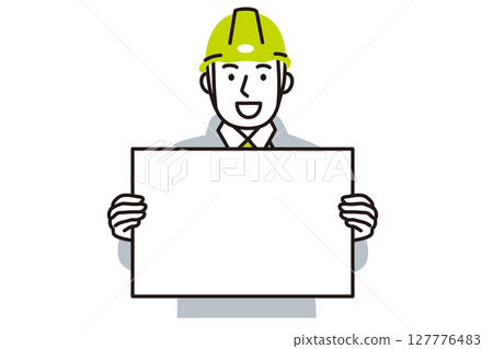 A simple illustration of a male worker wearing work clothes and holding a whiteboard A simple illustration of a male worker wearing work clothes and holding a whiteboard 127776483