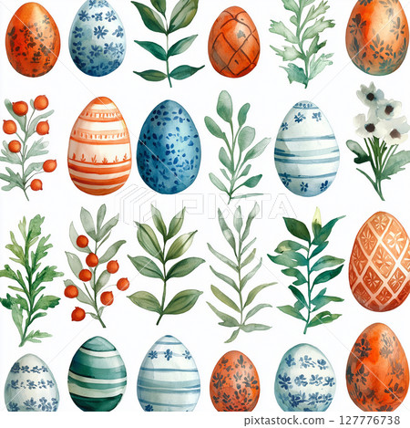 Watercolor easter eggs and botanical elements for festive decorations and crafts 127776738