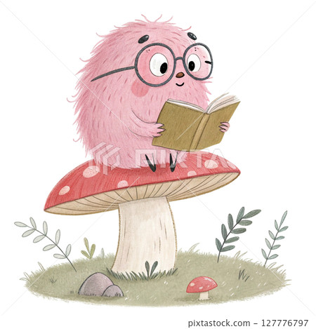 monster cartoon Wearing glasses and sitting on a mushroom reading a book Clipart Watercolor 127776797