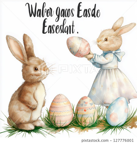 Cute watercolor bunny and eggs clip art perfect for Easter celebrations and projects 127776801