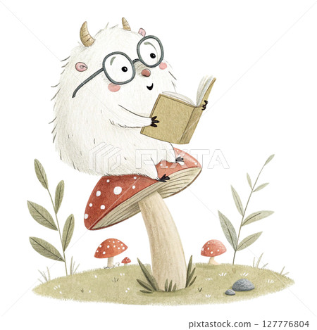 monster cartoon Wearing glasses and sitting on a mushroom reading a book Clipart Watercolor 127776804