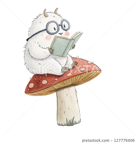 monster cartoon Wearing glasses and sitting on a mushroom reading a book Clipart Watercolor 127776806