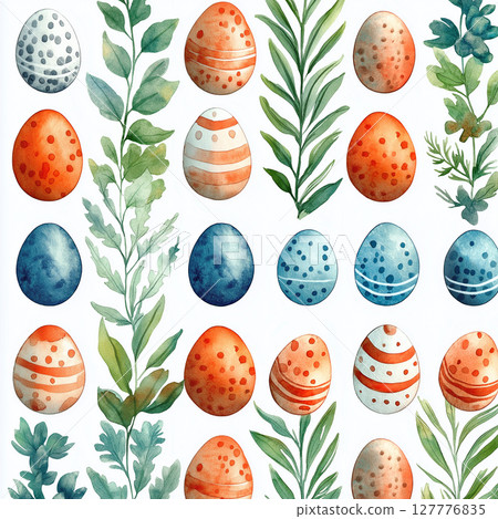 Beautiful watercolor easter egg clipart with floral elements and seamless design 127776835
