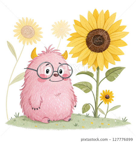 monster cartoon Wearing glasses Sitting in front of the sunflower Clipart Watercolor 127776899