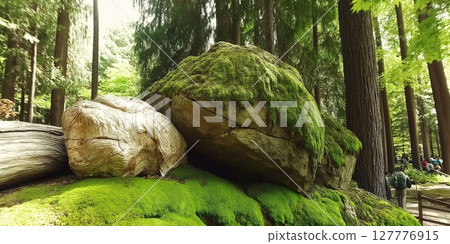 Green moss blankets rocks and grass in a serene forest environment Green moss blankets rocks and grass in a serene forest environment 127776915