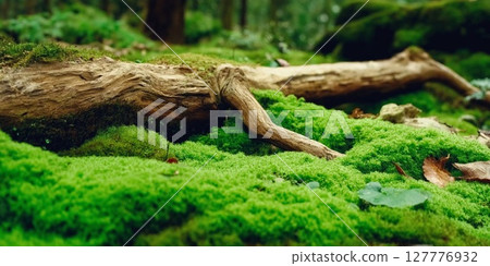 Lush green moss covering forest floor with fallen branches during daylight hours 127776932