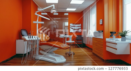 Modern dental office featuring vibrant colors and essential dental instruments 127776933