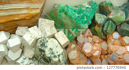 Discovering natural beauty of cacholong, chrysoprase, opal, and rose calcite in mineral collection Discovering natural beauty of cacholong, chrysoprase, opal, and rose calcite in mineral collection 127776948