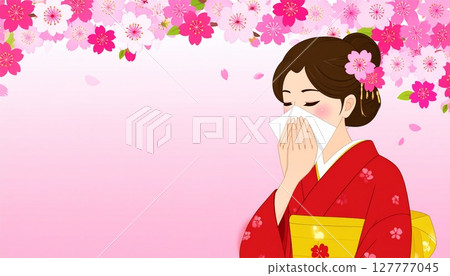 Illustration of a Japanese woman suffering from hay fever 127777045