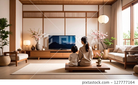 父母和孩子一起看電視的插畫素材 127777164