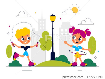 Kids Exercise Vector Illustration Featuring Various Types of Healthy Exercise Movements to Maintain Health and Fitness in a Flat Style Background 127777190