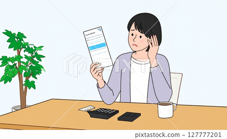 Image of a woman looking at her bankbook and worrying Image of a woman looking at her bankbook and worrying 127777201