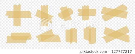 Brown adhesive tapes collection. Torn duct tape pieces set. strip. Plastic scotch stripes with torn jagged edges. Sticky masking paper for package wrap, blank tag, label, sticker, decoration. Vector 127777217