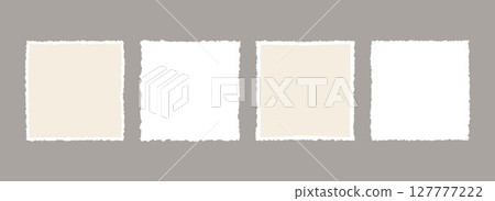 Torn paper frame backgrounds. Jagged edge paper sheet wallpapers. Beige and white ripped grunge element bundle for poster, text box, banner, collage, sticker. Vector blank square craft backdrops 127777222