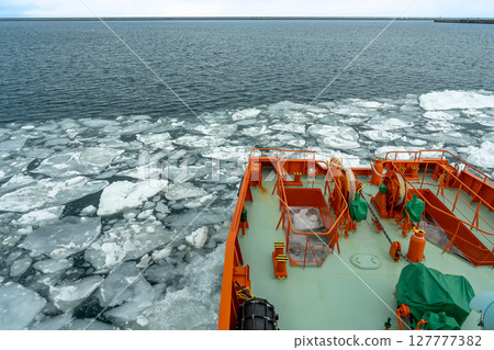 Monbetsu City, Hokkaido - The tip of the icebreaker Garinko, which breaks up the drift ice with a drill Monbetsu City, Hokkaido - The tip of the icebreaker Garinko, which breaks up the drift ice with a drill 127777382