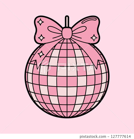 Pink Disco Ball Ornament with Bow Illustration 127777614