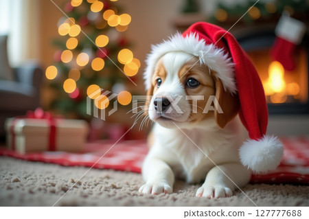 Festive puppy in santa hat by cozy fireplace during christmas season. AI generation 127777688