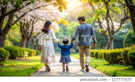 Illustration of a Japanese family playing in the park 127777875