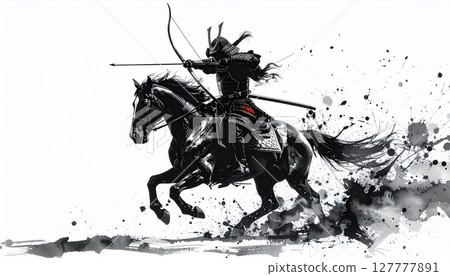 A sumi-e (ink painting) of a samurai in armor holding a bow on horseback A sumi-e (ink painting) of a samurai in armor holding a bow on horseback 127777891