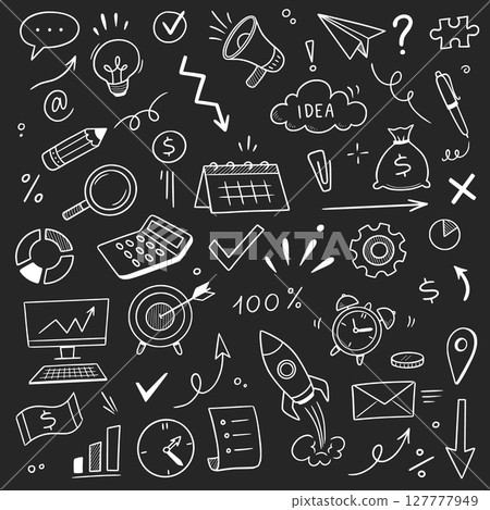 Chalk business board sketch icon set. Hand drawn chalkboard frame, bulb, puzzle and arrow for plan marketing idea. Business chart, pencil drawing, office success and internet. Vector Chalk business board sketch icon set. Hand drawn chalkboard frame, bulb, puzzle and arrow for plan marketing idea. Business chart, pencil drawing, office success and internet. Vector 127777949