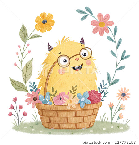 monster cartoon Wearing glasses Sitting on a flower basket Clipart Watercolor 127778198