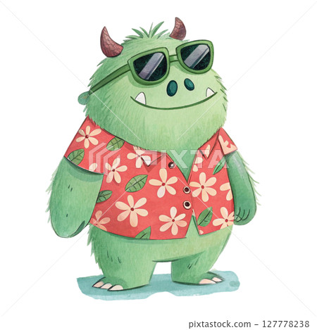 monster cartoon Wearing Hawaii clothes and wearing  Clipart Watercolor 127778238