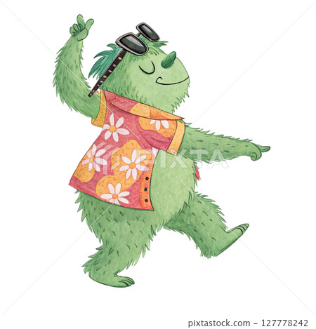 monster cartoon Wearing Hawaii clothes and wearing  Clipart Watercolor 127778242