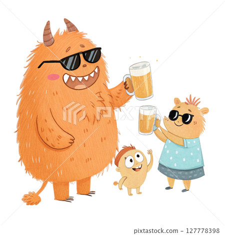 monster family  cartoon Holding a glass of beer Clipart Watercolor 127778398