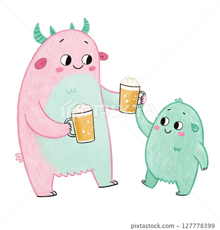 monster family  cartoon Holding a glass of beer Clipart Watercolor 127778399
