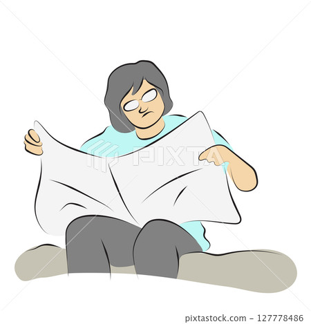 man with eyeglasses reading newspaper on sofa illustration vector hand drawn with black lines isolated on white background. man with eyeglasses reading newspaper on sofa illustration vector hand drawn with black lines isolated on white background. 127778486