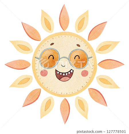 Sun wearing glasses smiling Clipart Watercolor 127778501