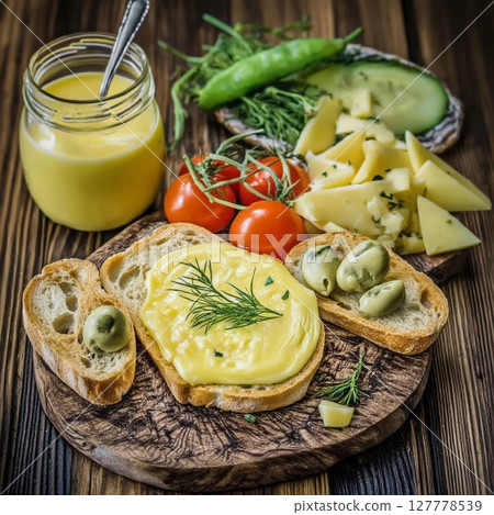 Melted cheese spread on crusty bread with fresh vegetables on a wooden board 127778539