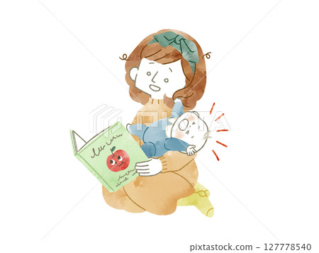 A mother exhausted from childcare and her lively baby - watercolor A mother exhausted from childcare and her lively baby - watercolor 127778540