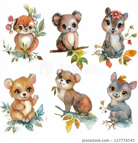 Cute watercolor animal drawings perfect for a children's room poster decor 127778545