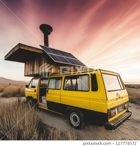 Cozy yellow camper van parked in the desert during sunset with solar panels for sustainable travel Cozy yellow camper van parked in the desert during sunset with solar panels for sustainable travel 127778572