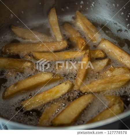 French fries cooking in bubbling oil in an industrial kitchen setting 127778578