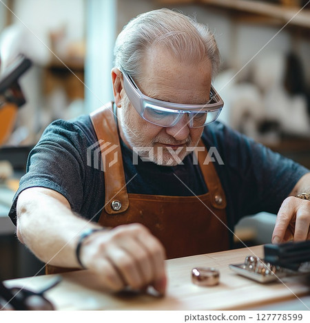 Master jeweler utilizing advanced technology in a modern workshop 127778599