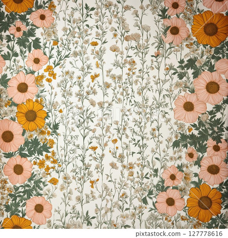 Delicate floral pattern with butterflies and wildflowers on an off-white background 127778616