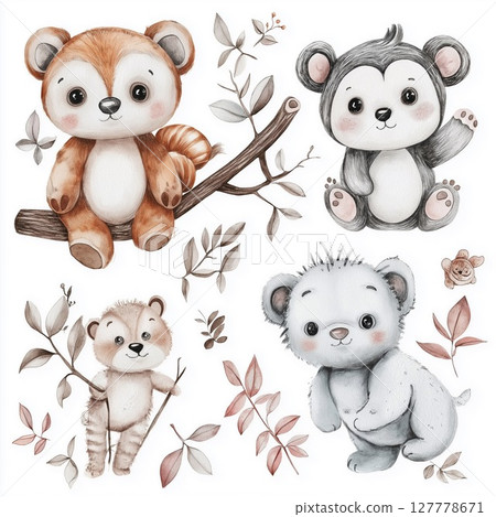 Cute watercolor animal illustrations for children's room decor poster 127778671