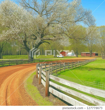 Expansive rural driveways and vintage vehicles on an American Easter celebration day 127778673