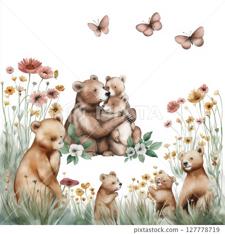 Watercolor family of cute bears surrounded by flowers and butterflies in pastel colors 127778719