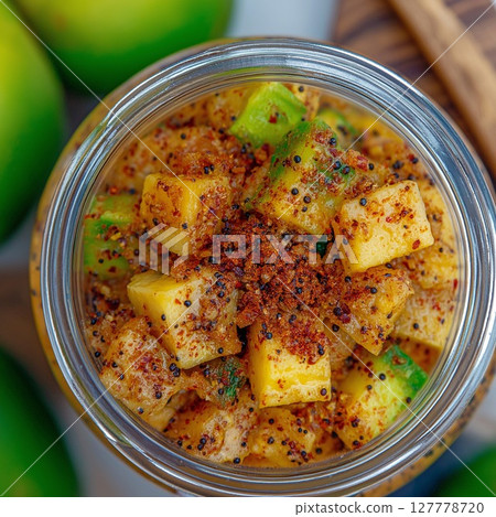 Mango pickle in a glass jar showcasing spices and green chunks on a light backdrop 127778720