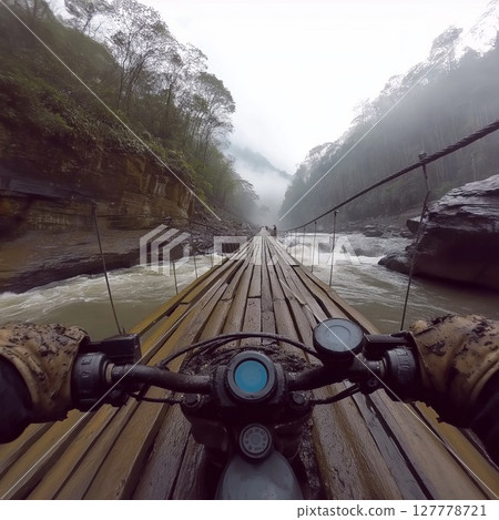Thrilling motocross ride on a narrow wooden bridge above a rocky river 127778721