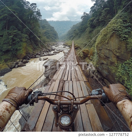 Thrilling motocross ride over a narrow wooden bridge above a rushing river 127778752