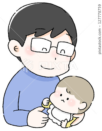 Illustration of a father holding a baby and smiling Talking to a baby Communication with a baby Baby care 127778759